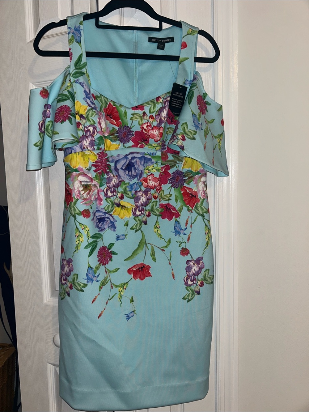 Boston Proper Aqua Floral Cold-Shoulder Mini Dress